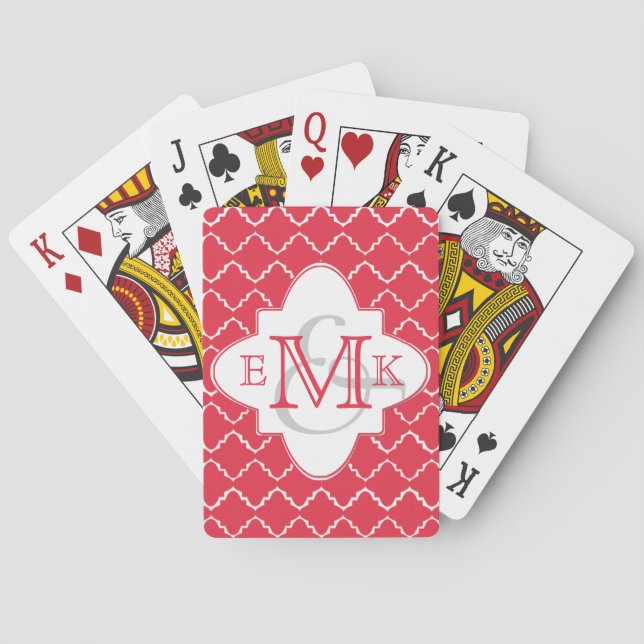 Baraja De Cartas Elegante Monograma Quatrefoil - Blanco Rojo (Reverso)