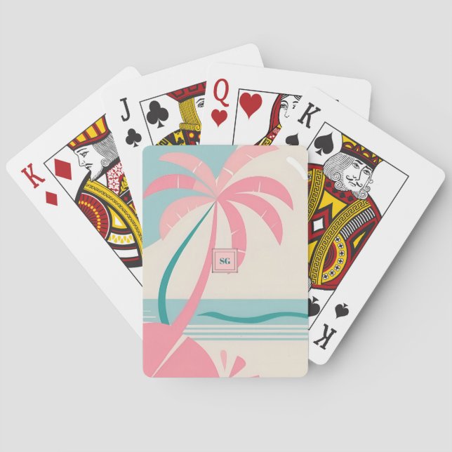 Baraja De Cartas Elegante monograma verde azulado rosa tropical Min (Reverso)
