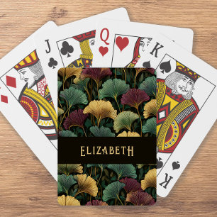 Baraja De Cartas Elegante Patrón de Ginkgo Monograma Nombre Tonos d