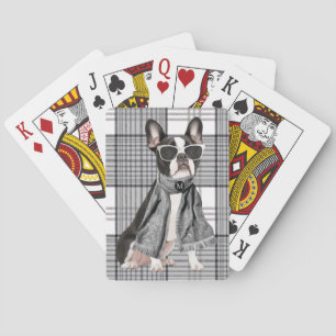 Baraja De Cartas Elegante perro Boston Terrier y monograma a cuadro