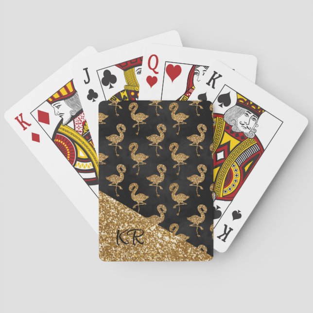 Baraja De Cartas Elegante Purpurina de oro Flamingos Monogramado (Reverso)