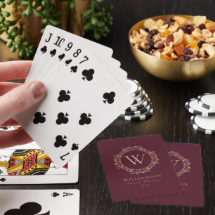 Baraja De Cartas Elegante Reunión Familiar Monograma Borgoña