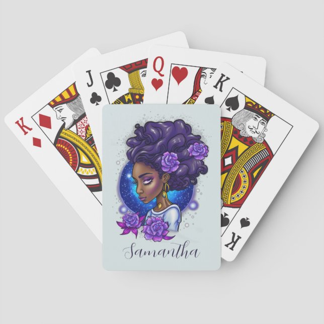 Baraja De Cartas Elegante Rosas púrpuras afromujer (Reverso)