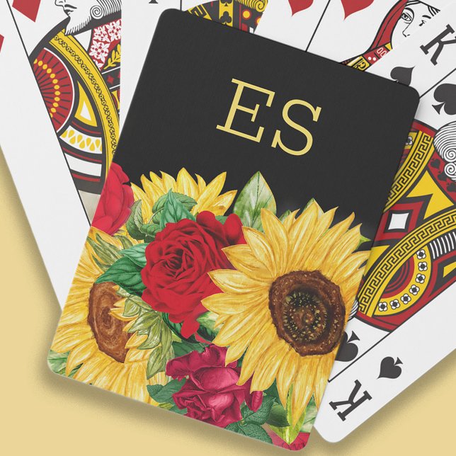 Baraja De Cartas Elegante Roses Roses Roses Amarillos Girasoles Mon (Monogrammed playing cards with sunflowers and red roses on black)