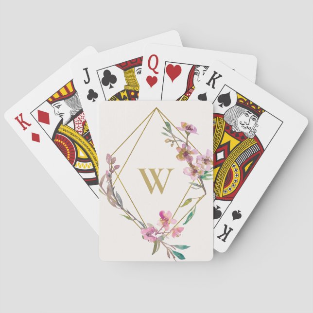 BARAJA DE CARTAS ELEGANTE RUBOR PINK CHERRY BLOSSOM FLORAL MONOGRAM (Reverso)