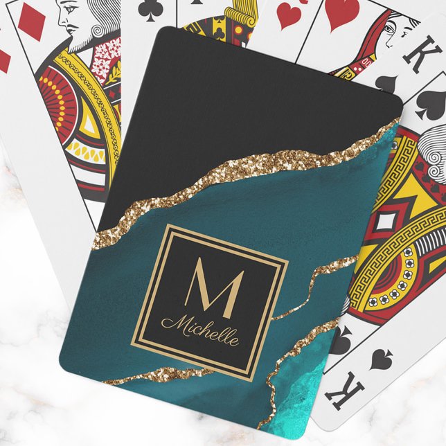 Baraja De Cartas Elegante Verde azulado Monograma de Oro Negro Nomb (Elegant teal and black marble monogram playing cards. )