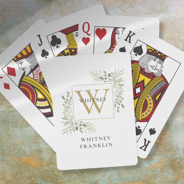 Baraja De Cartas Elegante y personalizada vegetación en monograma d (Personalized Elegant Gold Monogram Greenery Poker Cards)