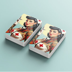 Baraja De Cartas Enfermera Pin-up Tatuada Vintage