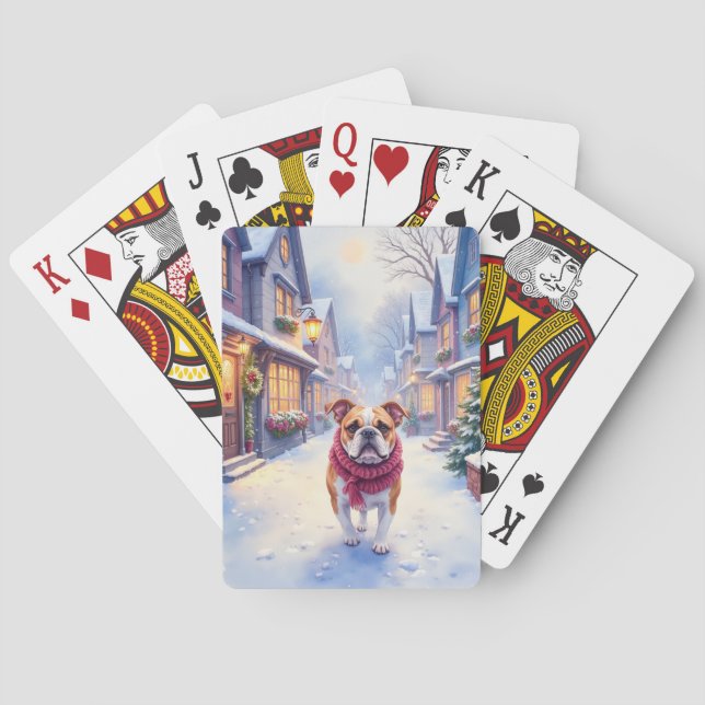 Baraja De Cartas English Bulldog Snowy Christmas Village Holiday (Reverso)