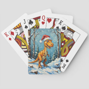 Baraja De Cartas Escena de Navidad con dinosaurio vintage con sombr
