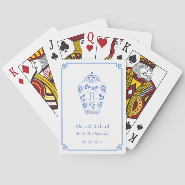 Baraja De Cartas Escudo Chinoiserie Azul Y Blanco Boda Monograma (Reverso)