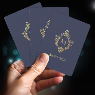 Baraja De Cartas Escudo Monograma Navy Blue Faux Gold Vintage Inici