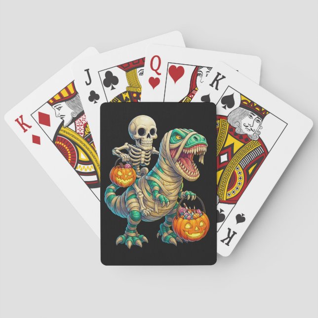 Baraja De Cartas Esqueleto Caprichoso Montando T-Rex Momia Hallowee (Reverso)