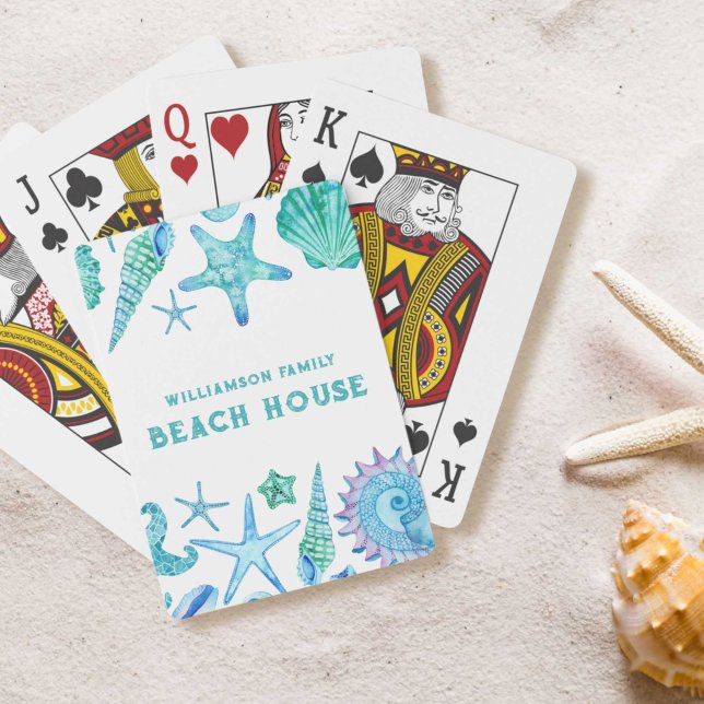 Baraja De Cartas Estanques acuáticos y Starfish Beach House (Watercolor Sea Shells and Starfish Beach House Poker Cards)