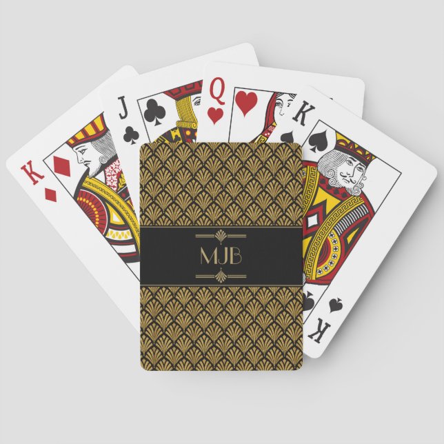 Baraja De Cartas Estilo Art Deco Patrón de fanáticos negro y dorado (Reverso)