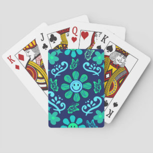 Baraja De Cartas Estilo Retro Azul Patrón de Flor y Símbolo de Sol