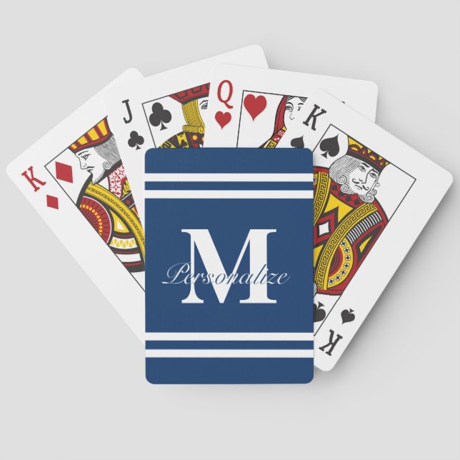 Baraja De Cartas Estribos azul y blanco náuticos monogramados (Reverso)