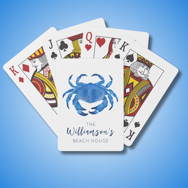 Baraja De Cartas Familia Blue Crab Beach House (Blue coastal crab playing cards with customizable text for family name or beach house.)