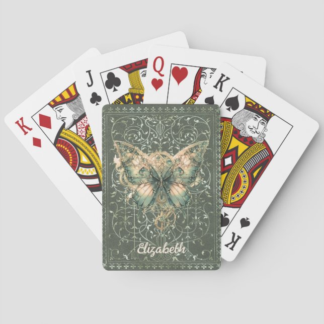 Baraja De Cartas Fancy Green Steampunk Butterfly Personalizado (Reverso)