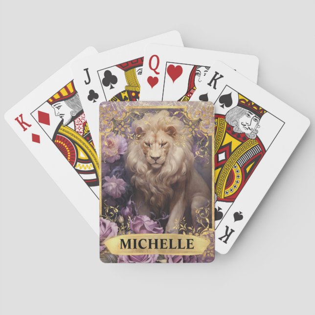 Baraja De Cartas Fantasía de León Romántico y Rosas Púrpura (Reverso)