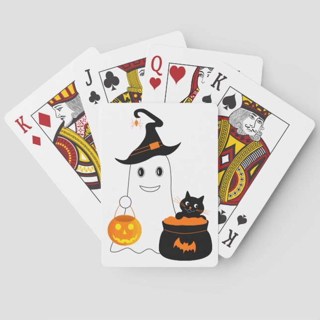 Baraja De Cartas Fantasma chiquita con gato negro celebra Halloween (Reverso)