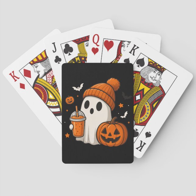 Baraja De Cartas Fantasma de Halloween con calabaza y bebida (Reverso)