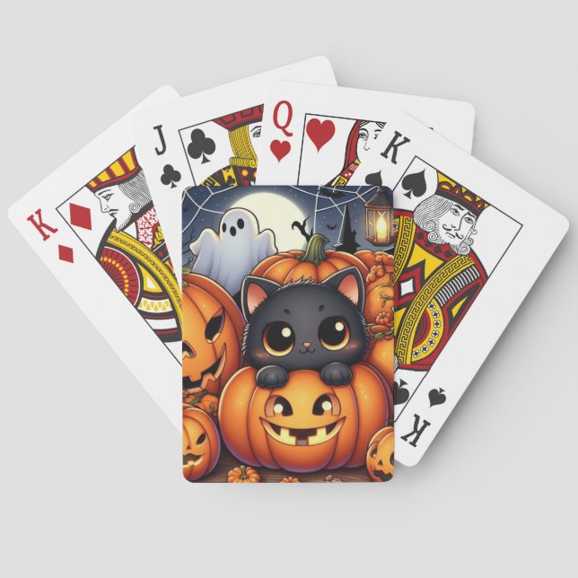 Baraja De Cartas Fantasma de Halloween, faroles Jack-O y gato negro (Reverso)