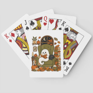 Baraja De Cartas Fantasma Lindo Leyendo Libro Gato Negro Otoño Cala