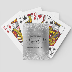 Baraja De Cartas Favor de cumpleaños número 16 Glittery Silver Swee