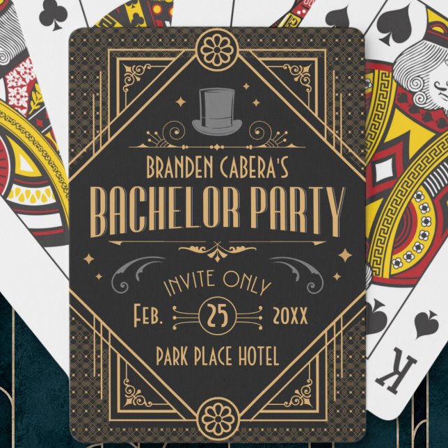 Baraja De Cartas Favor de fiesta de soltero al estilo Art Deco para (bachelor party favors custom playing cards 1920s Art Deco speak easy style gold and black groomsmen )