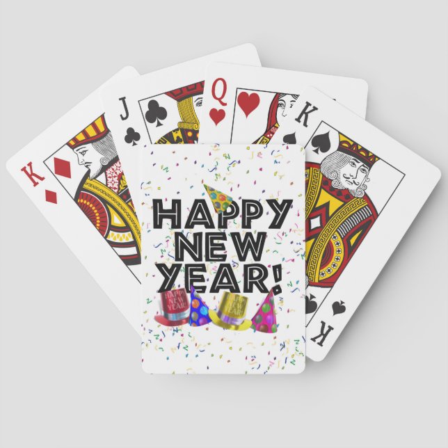 Baraja De Cartas Feliz Año Nuevo - Texto negro con Gorras Fiestas (Reverso)