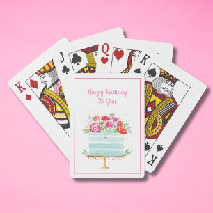 Baraja De Cartas Feliz Cumpleaños Tarta de Cumpleaños Floral Acuare