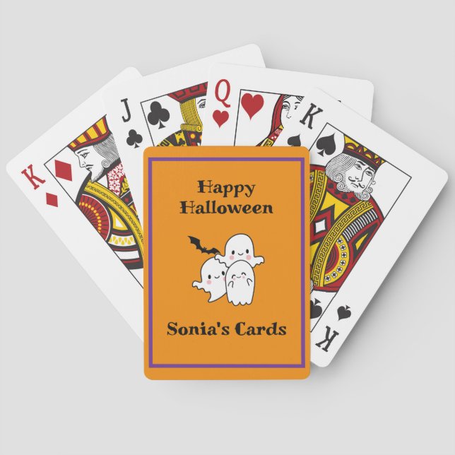 Baraja De Cartas Feliz Halloween Fun Ghost Bat Naranja Purple Bridg (Reverso)