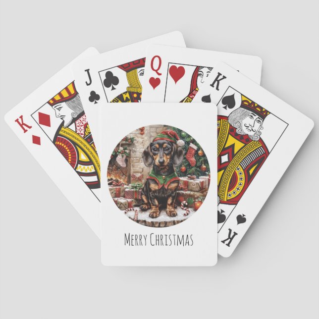 Baraja De Cartas Feliz Navidad Dachshund Perro Elf (Reverso)