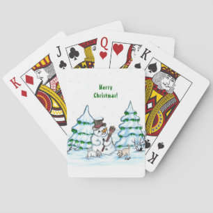 Baraja De Cartas ¡Feliz Navidad! Hombre de nieve con gato y cachorr