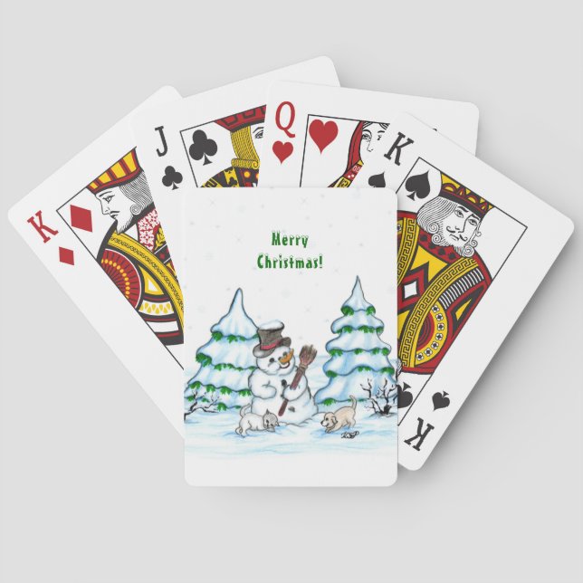 Baraja De Cartas ¡Feliz Navidad! Hombre de nieve con gato y cachorr (Reverso)