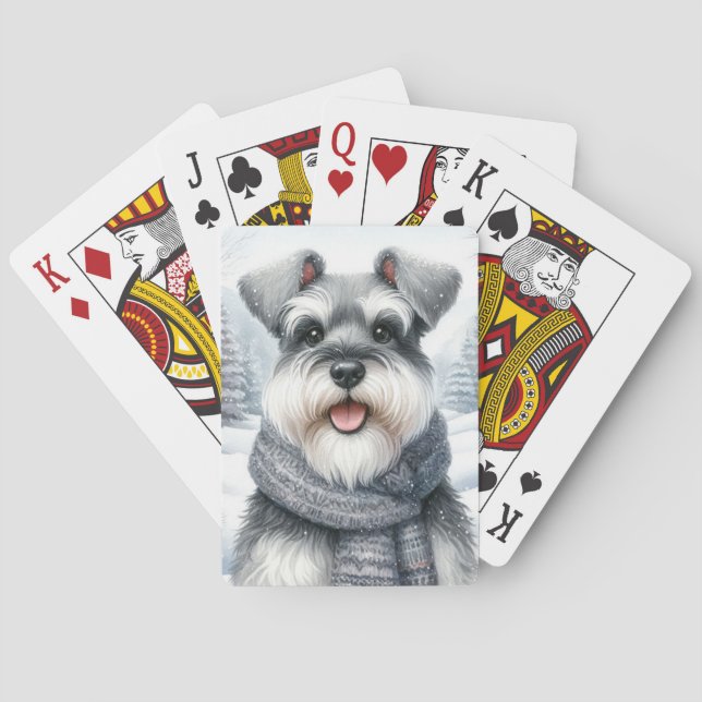 Baraja De Cartas Feliz Schnauzer en un escarpado arte invernal (Reverso)