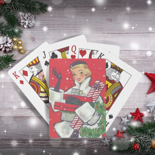 Baraja De Cartas Festividad de Chica de compras de Navidades retro