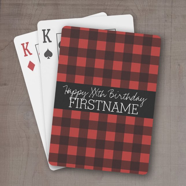 Baraja De Cartas Fiesta de cumpleaños de búfalo negro y rojo rústic (Personalized playing cards - Fun Birthday Design)