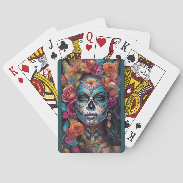 Baraja De Cartas Fiesta floral: mujer abraza el Día de los Muertos (Reverso)