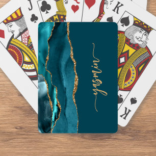 Baraja De Cartas Firma Personalizada Amatista Azul Teal Dorado