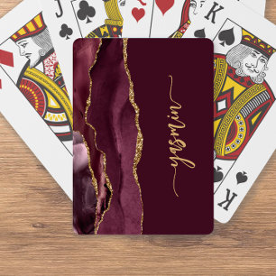 Baraja De Cartas Firma Personalizada Burdeos Ágata Dorada