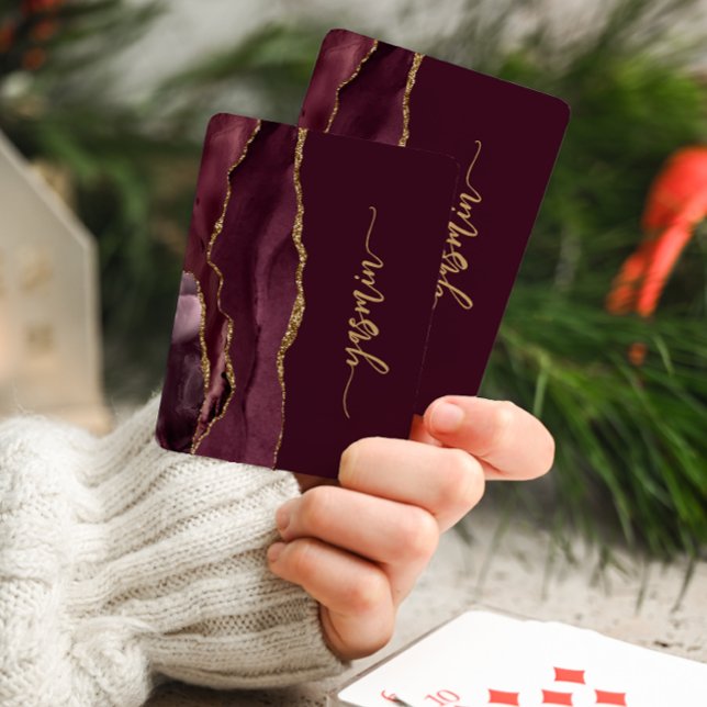 Baraja De Cartas Firma Personalizada Burdeos Ágata Dorada (Subido por el creador)