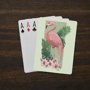 Baraja De Cartas Flamenco Rosa Tropical Hojas de Palma Verde Lirio