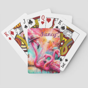 Baraja De Cartas Flamencos rosados tropicales palmeras personalizad