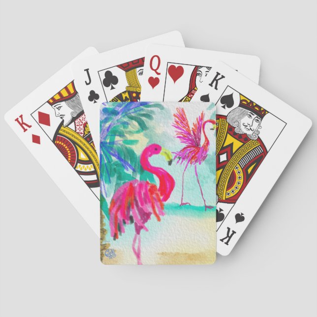 Baraja De Cartas Flamingo jugando cartas, arte de Jeanine Handley (Reverso)