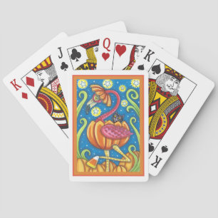 BARAJA DE CARTAS FLAMINGO ROJO DE HALLOWEEN Y GATO NEGRO EN PUMPKIN