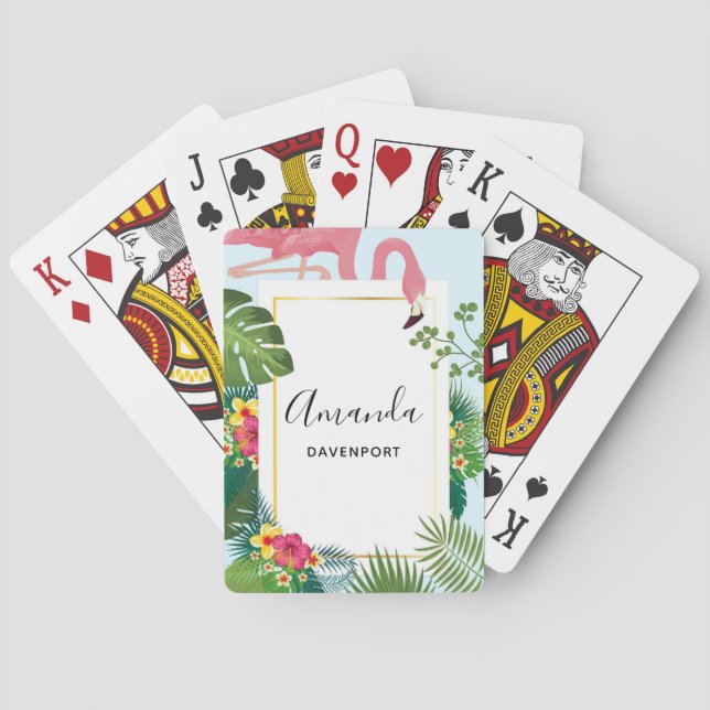 Baraja De Cartas Flamingo rosa y hojas tropicales de diseño (Reverso)