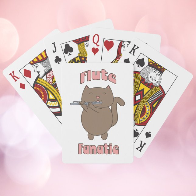 Baraja De Cartas Flaute Fanatic Cat Pink Cute (A deck of playing cards with a brown cat playing the flute with the words flute fanatic)