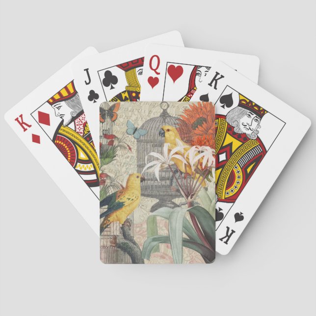 Baraja De Cartas Flor de época tropical dorada de loro (Reverso)